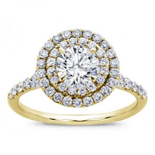 Gold Round Double Halo Split Shank Diamond Ring