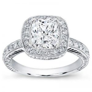 Hande Engraved Pave Halo Setting For Cushion Cut